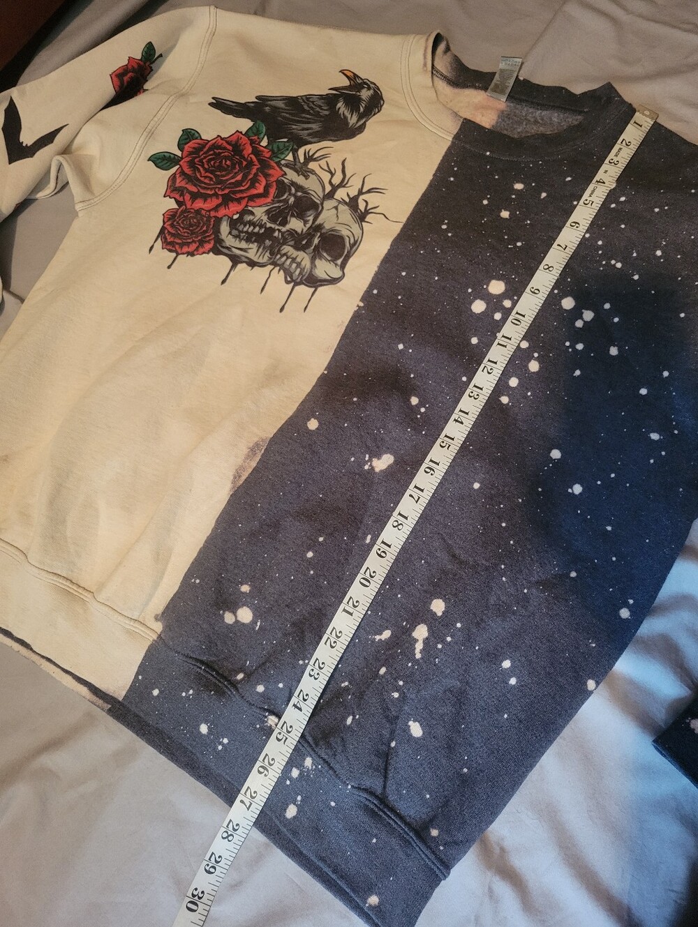Dark Romance Raven, Skulls & Roses Half & Spotted Custom Bleach Sweater - Picture 8 of 13